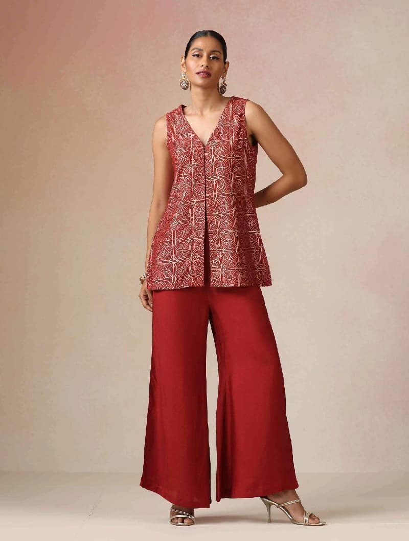 Women's Red Festive Sleeveless Co-ord Set