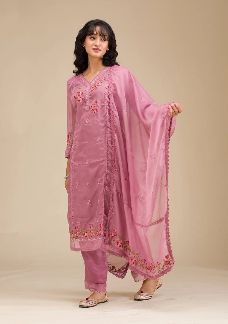 Women's Mauve Threadwork Crepe Readymade Salwar Suit with Dupatta