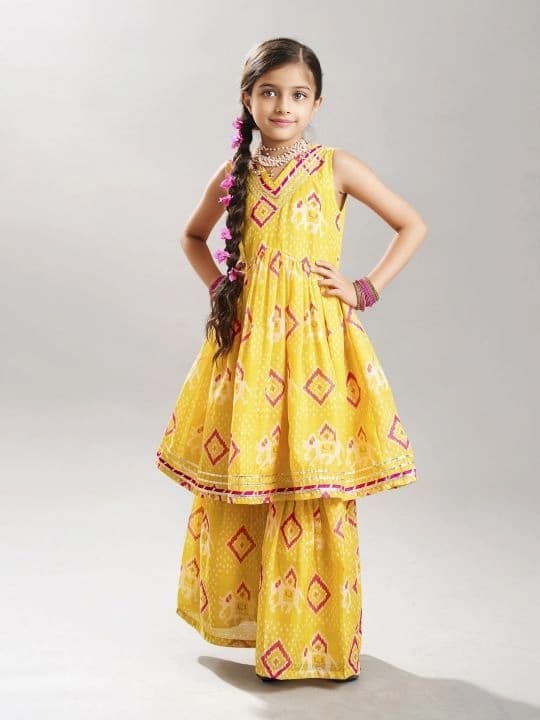 Girls Yellow Ethnic Motifs Printed Anarkali Shape Kurta with Elasticated Waistband Sharara