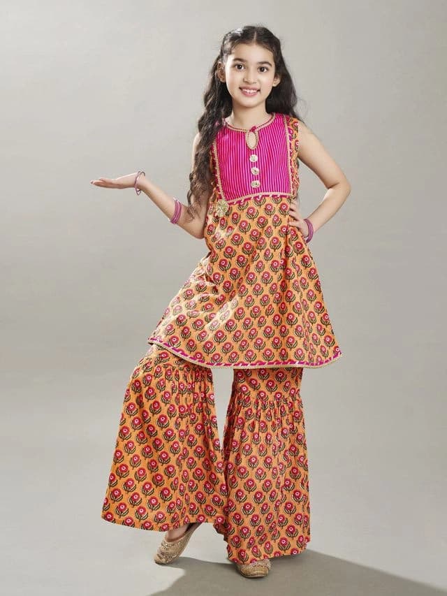 Girls Peach & Pink Floral Printed Kurta with Elasticated Waistband Sharara