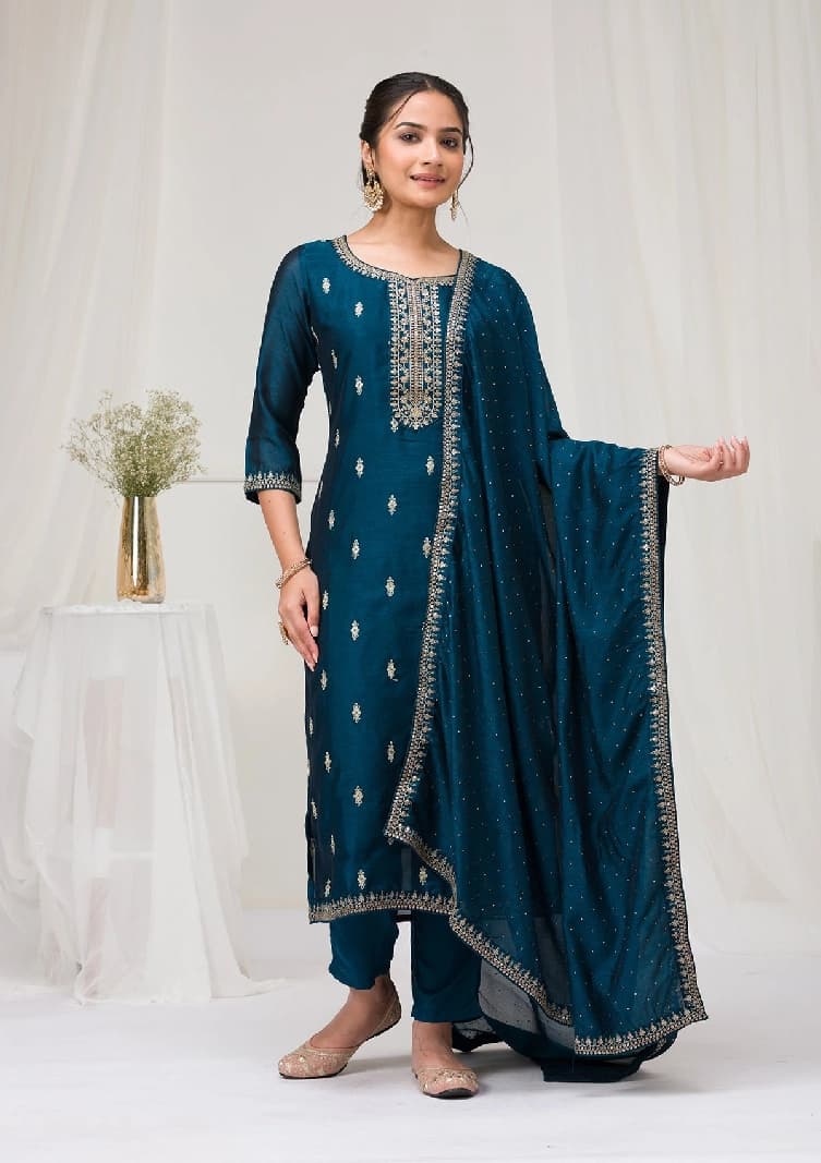 Women's Peacock Blue Sequins Raw Silk Readymade Salwar Suit with Dupatta