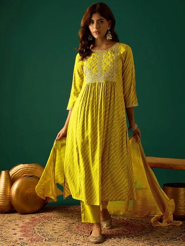 Women's Mustard Bandhani Printed Anarkali with Zari-Embroidered with Trouser and Dupatta