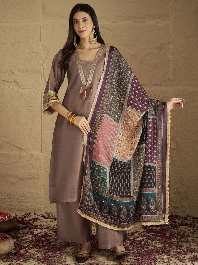 Women's Chic Brown Shimmer Kurta Set with Lace Detailing Paired with Solid Palazzo and Dupatta