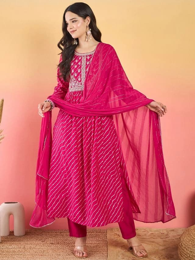 Women's Pink Bandhani Printed Anarkali with Zari-Embroidered Yoke Paired with Trouser and Dupatta