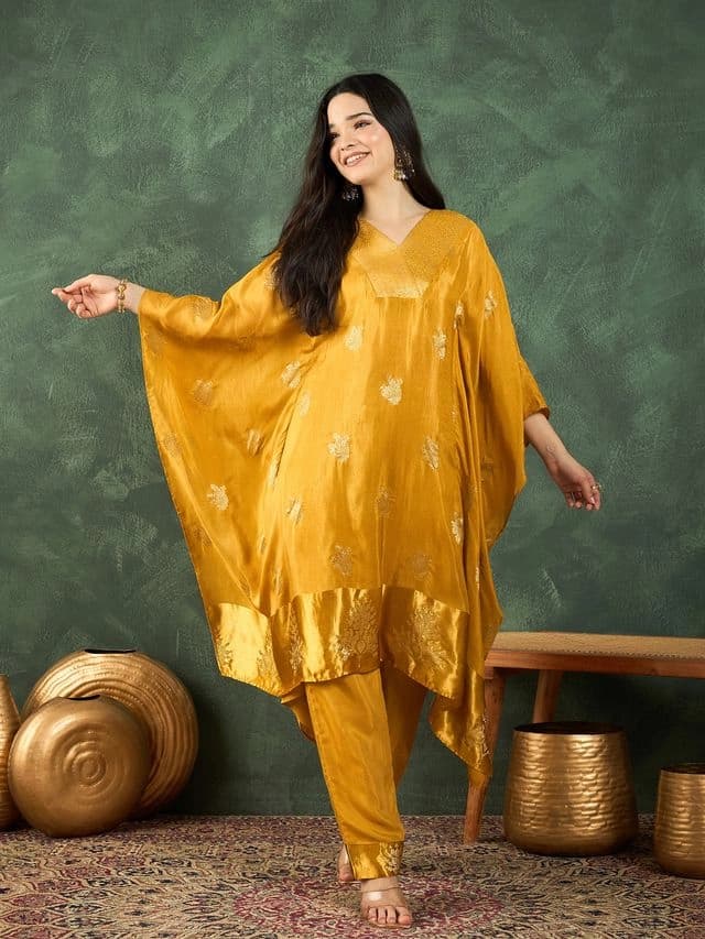 Women's Mustard Kaftan Style Kurta Paired with Solid Ankle Length Trouser