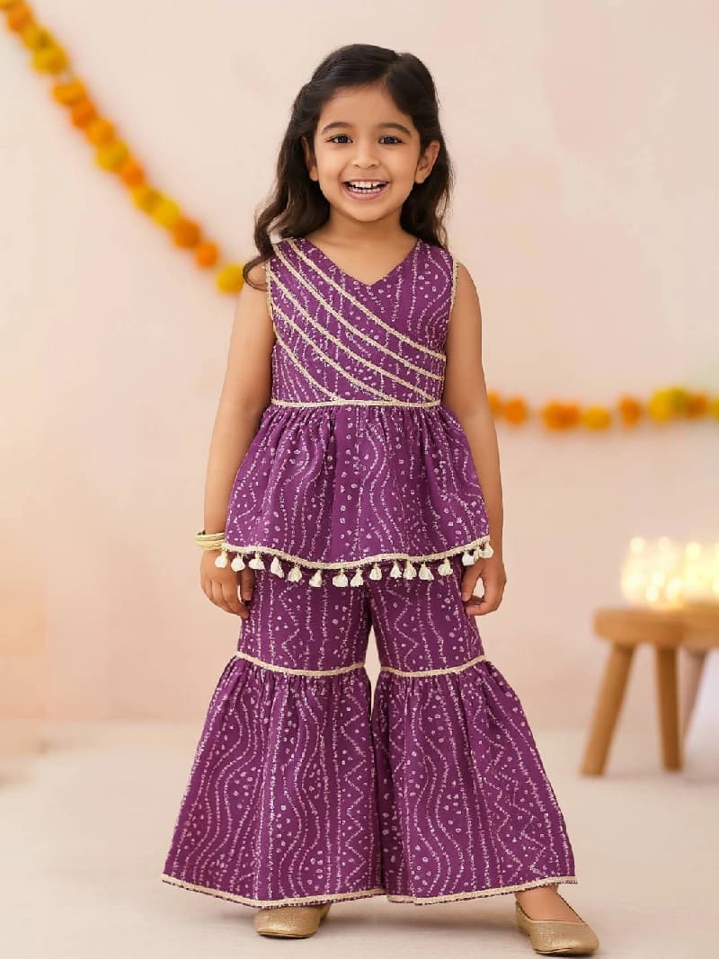 Girls Purple Festive Sleeveless Cotton Comfort & Style Ethnic Set