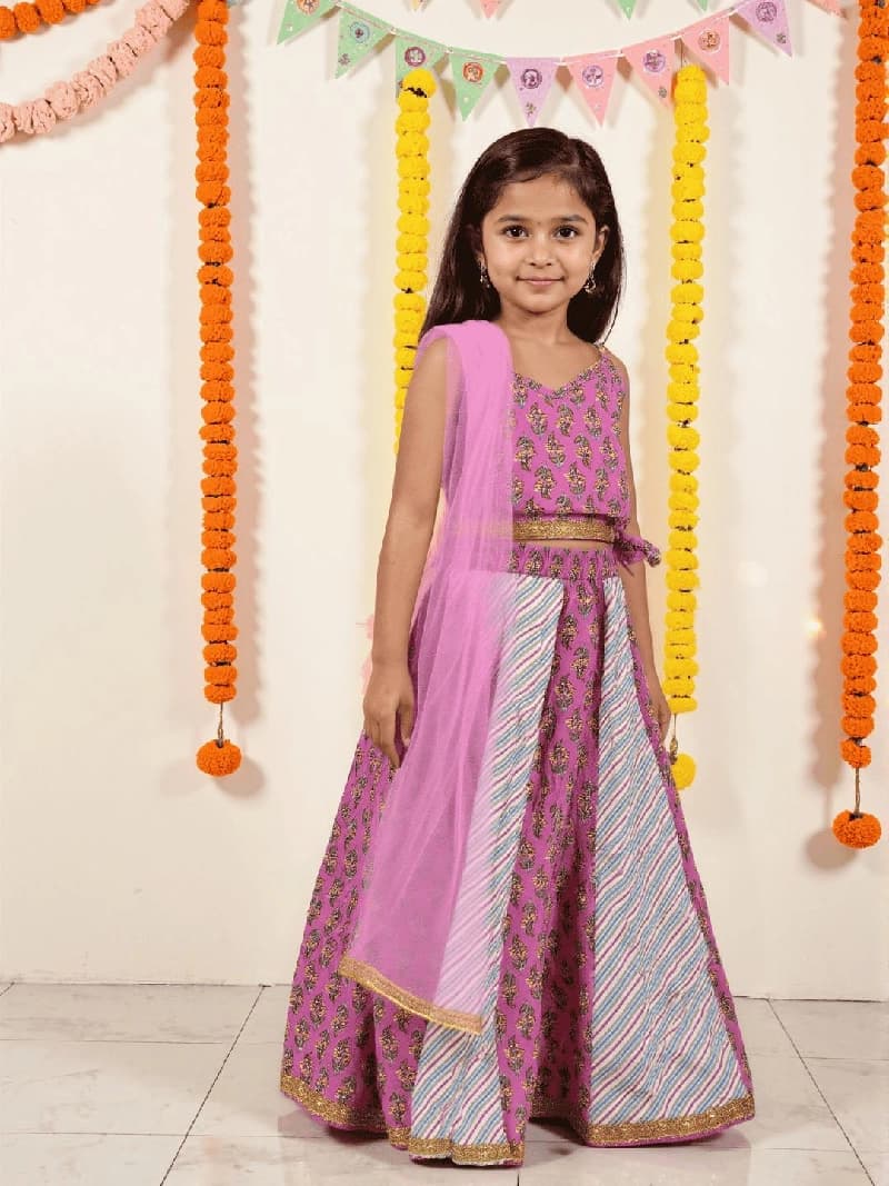 Girls Pink Festive Sleeveless Cotton Comfort & Style Lehenga Cholis Set