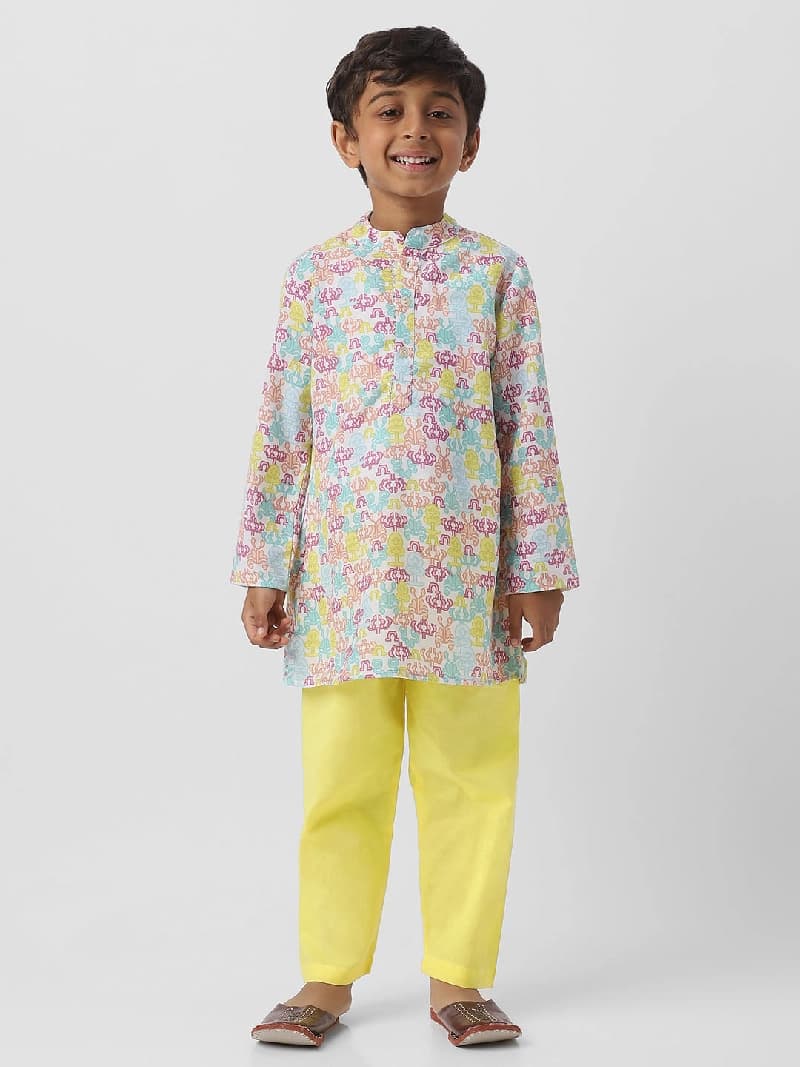 Boys Multicolor Cotton Patti Emebellishment Kurta With Gota