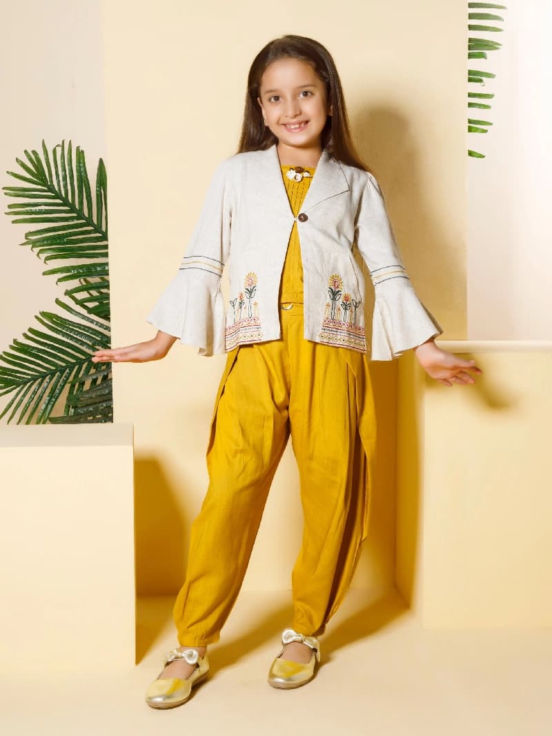 Girls Mustard Festive Top Pant with Jacket