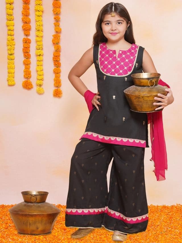 Girls Black Cotton Embroidered Kurta With Palazzos Set & Dupatta