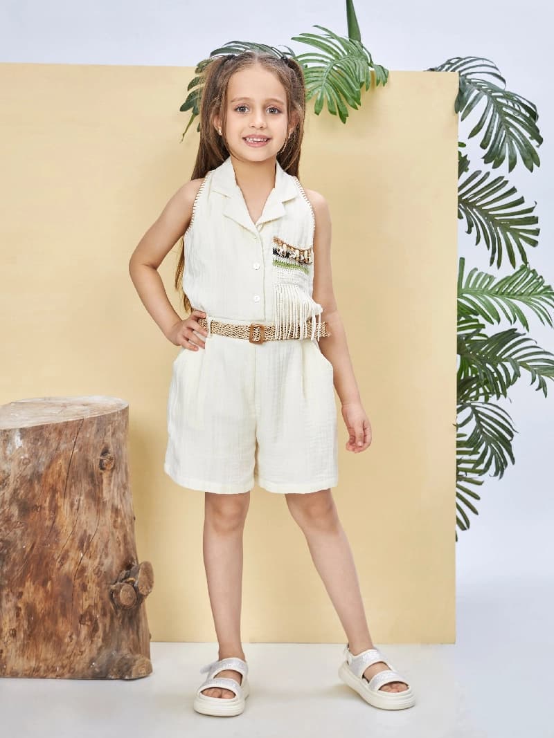 Girls Cream Casual Jumpsuit with Belt