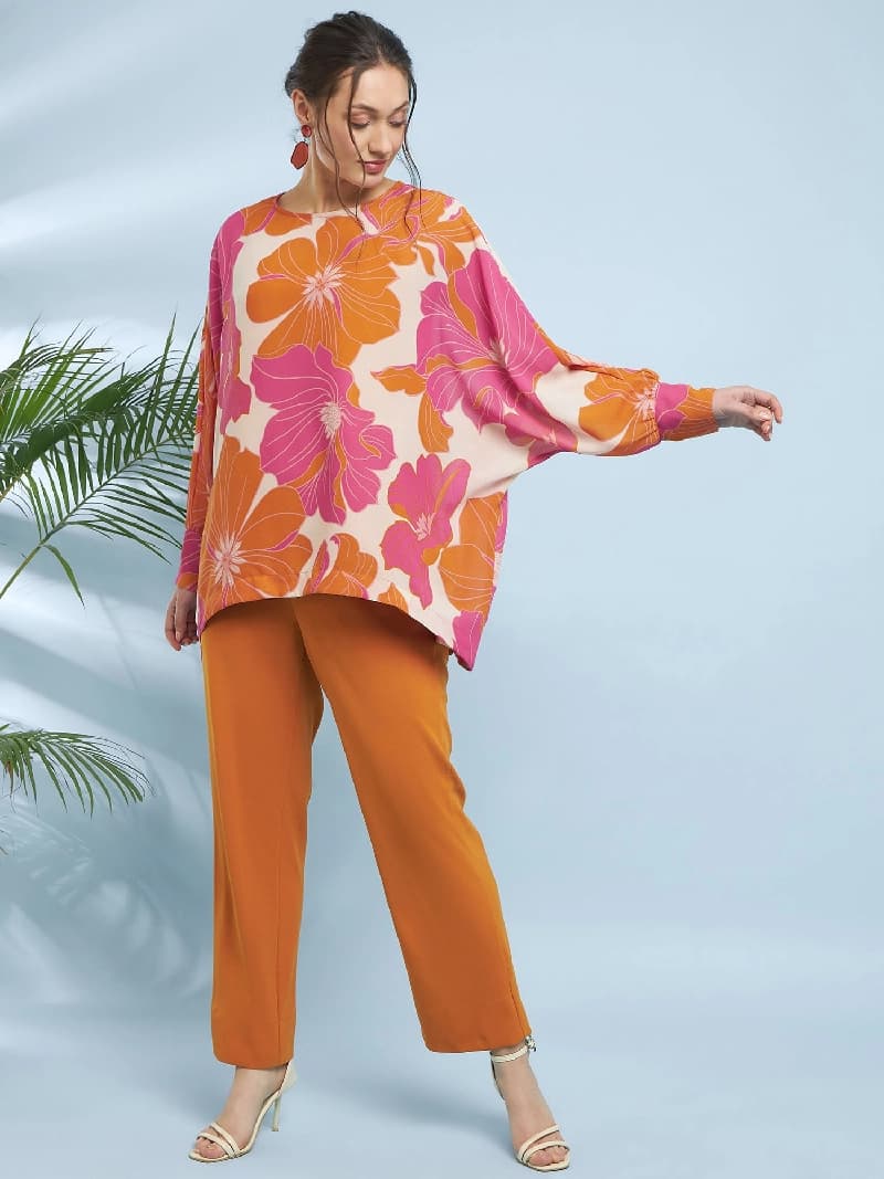 Women's Orange Party Printed Co-ords Set