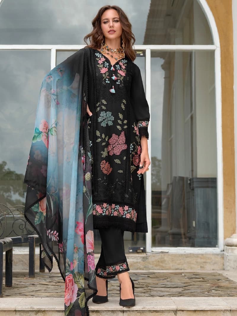 Women's Black Embroidered Straight Kurta Pant With Organza Dupatta Set