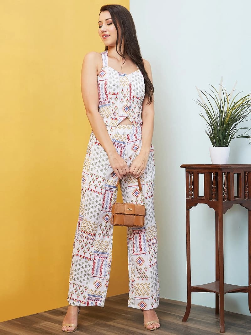 Women's White Casual Printed Co-ords Set