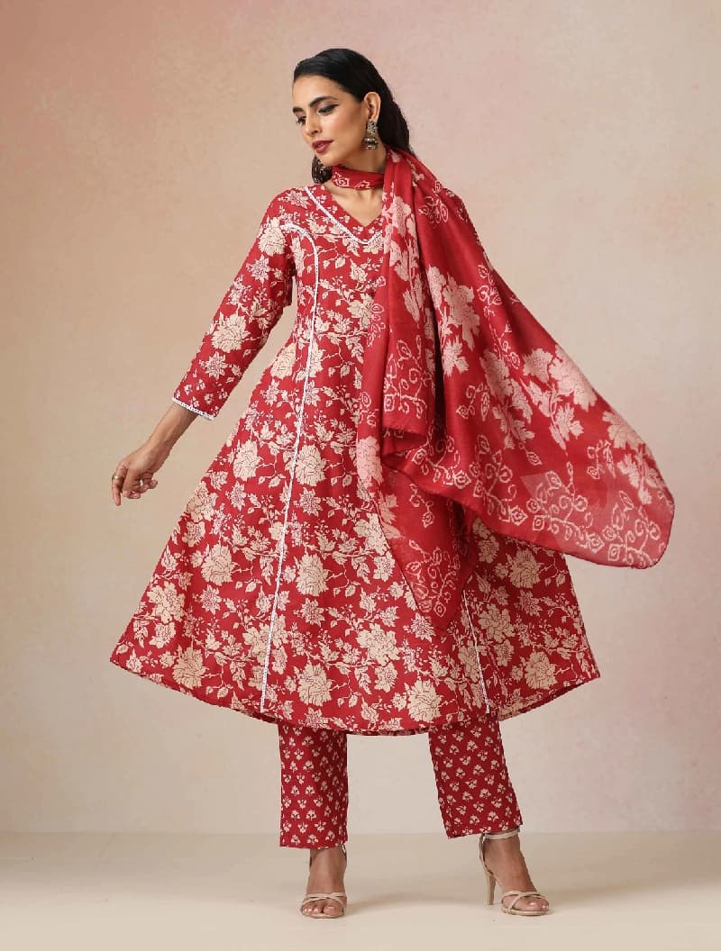 Women's Red Festive Printed Kurta Set