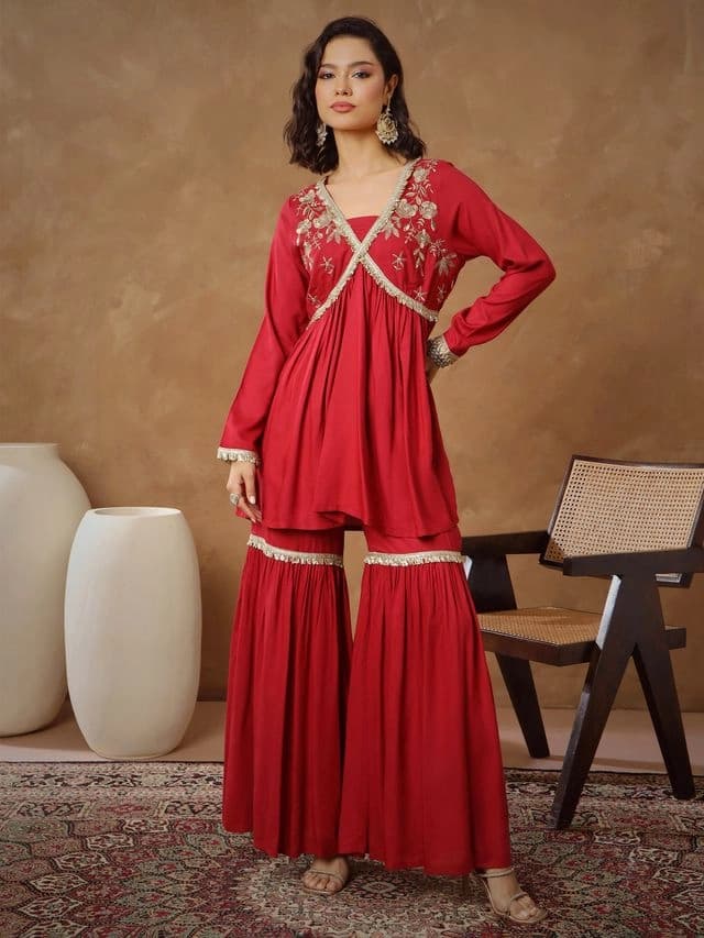 Women's Red Festive Kurta Set