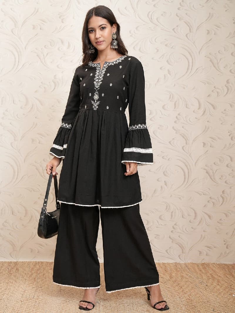 Women's Black Embrioderd Regular Thread Work Pure Cotton Kurta With Palazzo