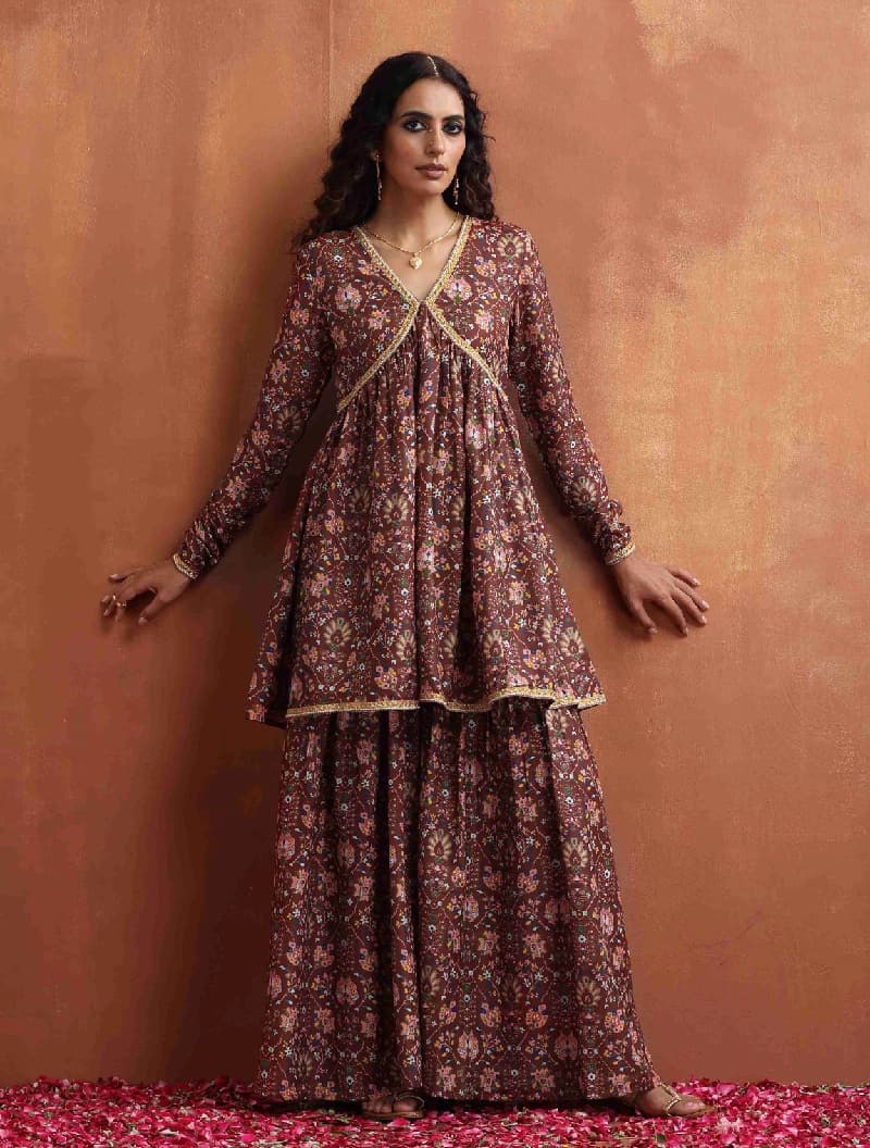 Women's Brown Festive Floral Kurta Set