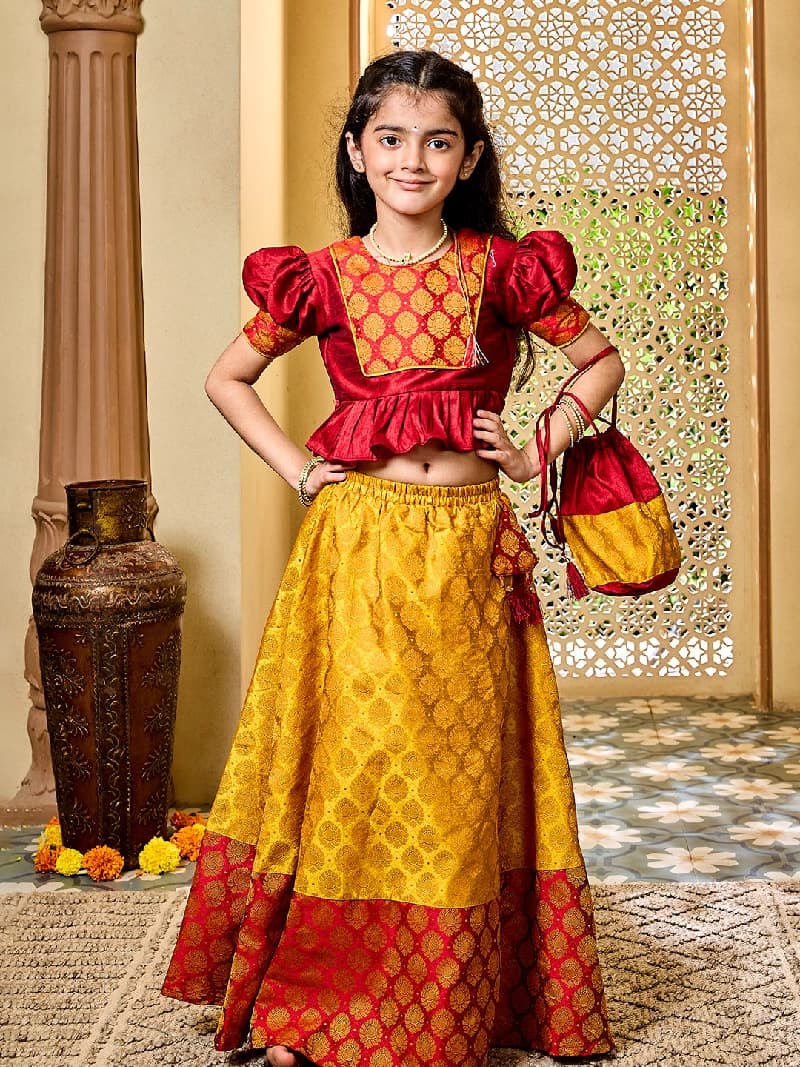 Girls Mustard And Maroon Jacquard Lehenga Set