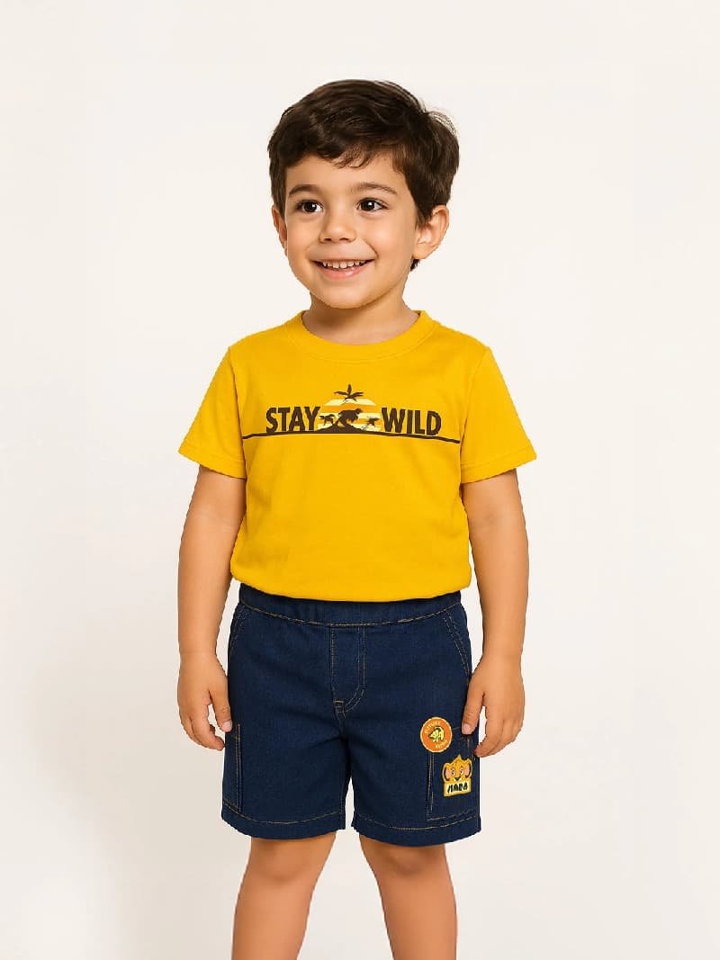 Boys Multicolor Graphic Printed Tshirt and Denim Shorts Set