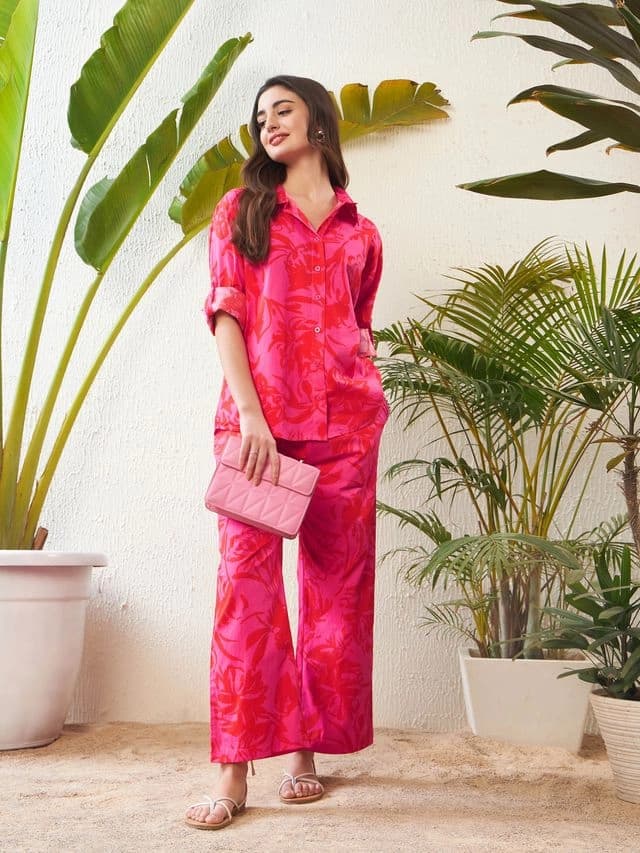 Women's Pink Casual Printed Co-ords Set
