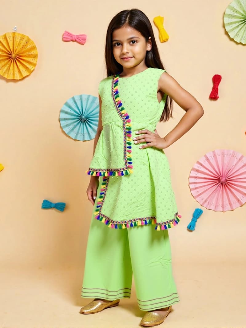 Girls Green Cotton Ethnic Festive Co-ords Set
