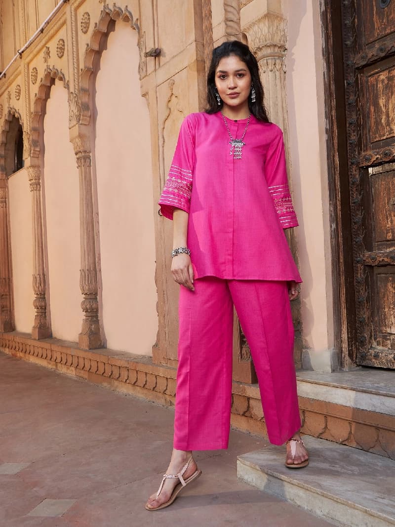 Women's Pink Casual Kurta Set