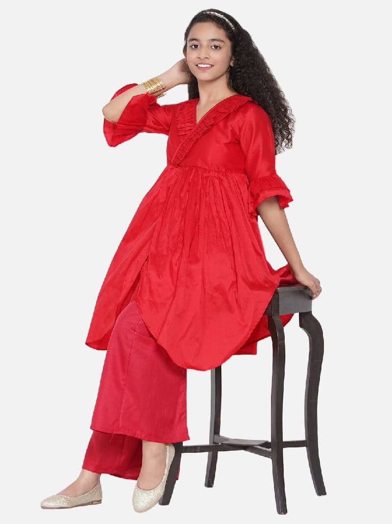 Girls Red Pleated Asymmetric Kurta with Palazzos