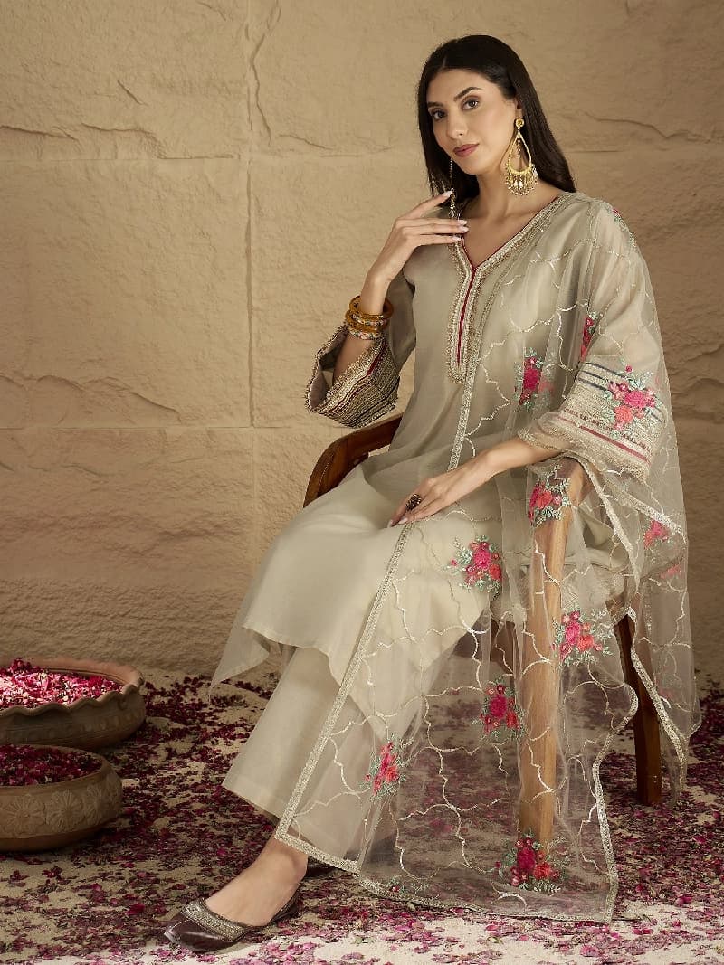 Women's Grey Festive Kurta Set