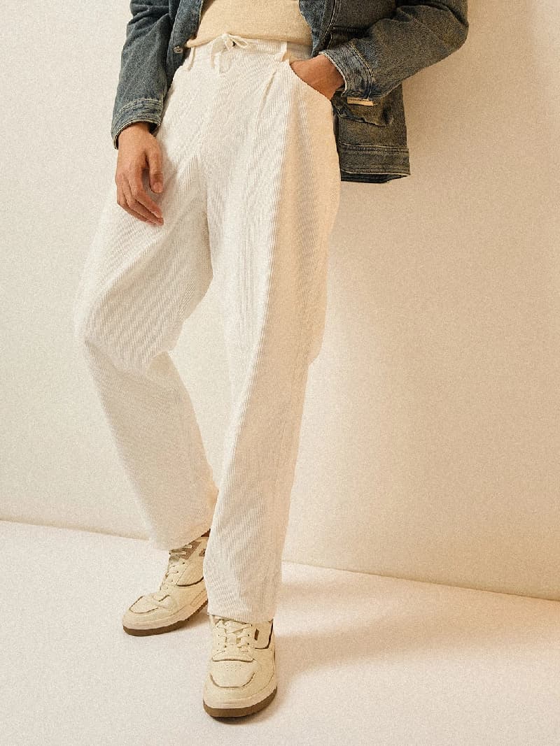 Men's White Casual Striped Straight Fit Chinos