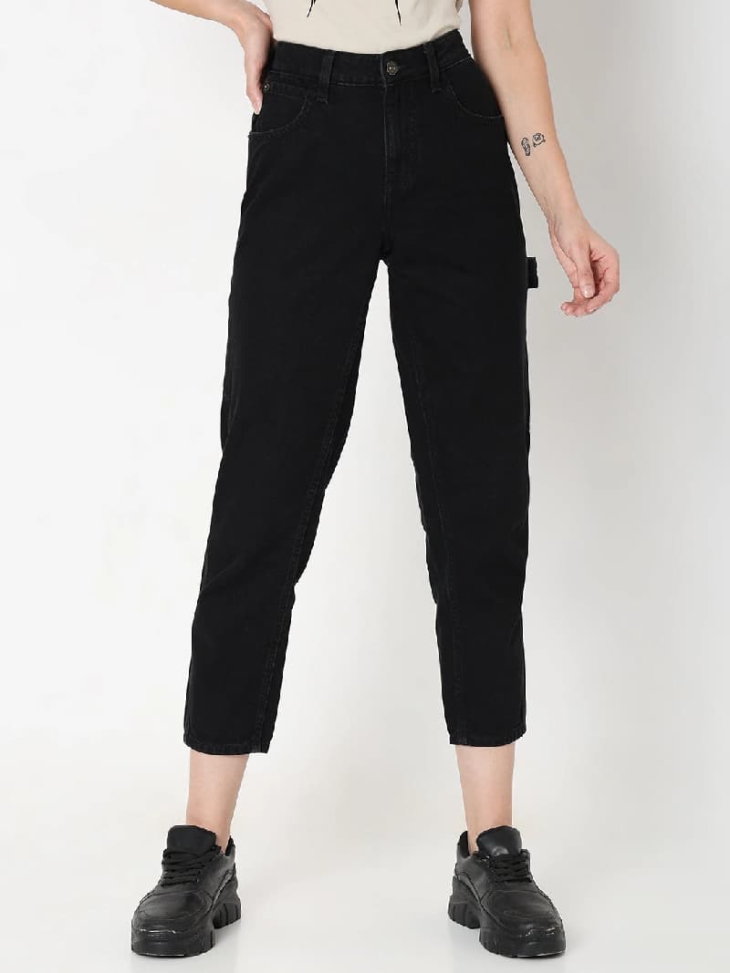 Women's Black Casual Solid Straight Fit Jeans