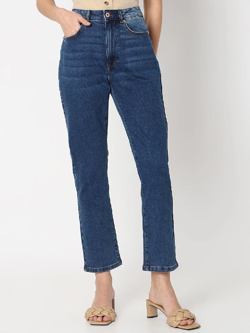 Women's Blue Casual Solid Straight Fit Jeans