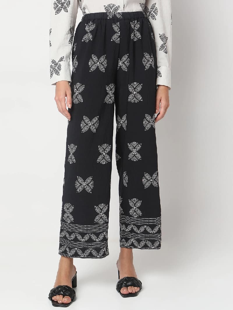 Women's Black Casual Printed Straight Fit Trouser