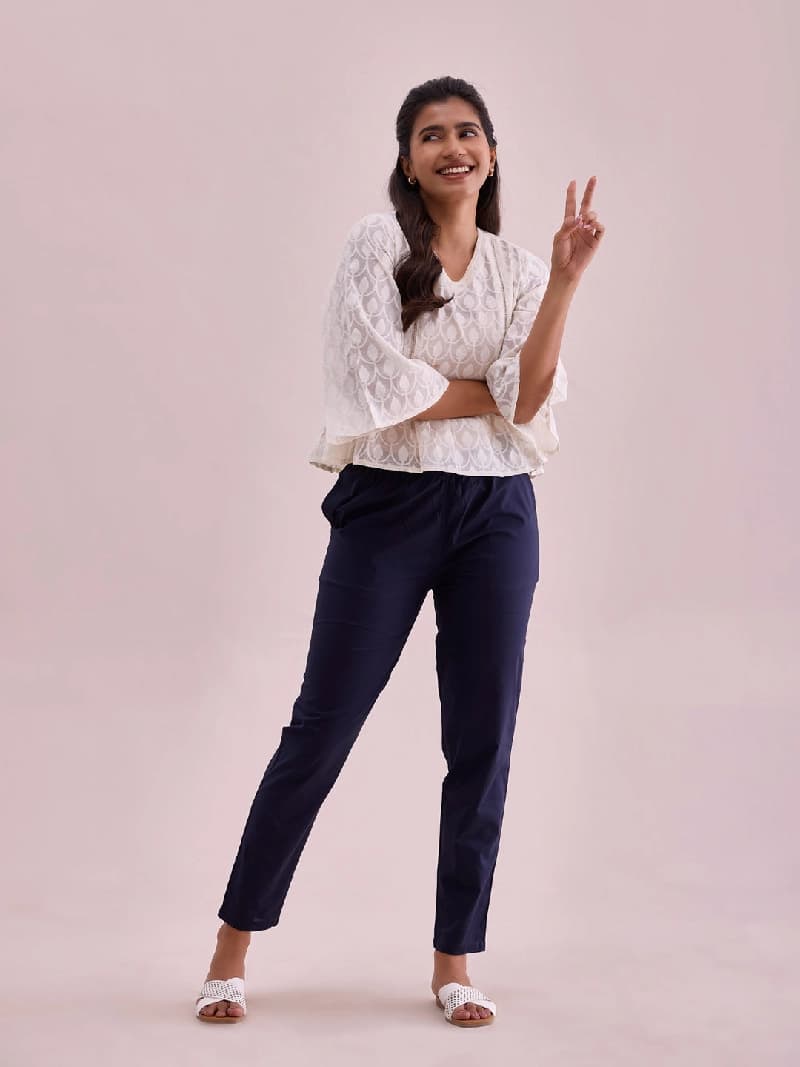 Women's Navy Casual Solid Tapered Fit Trouser