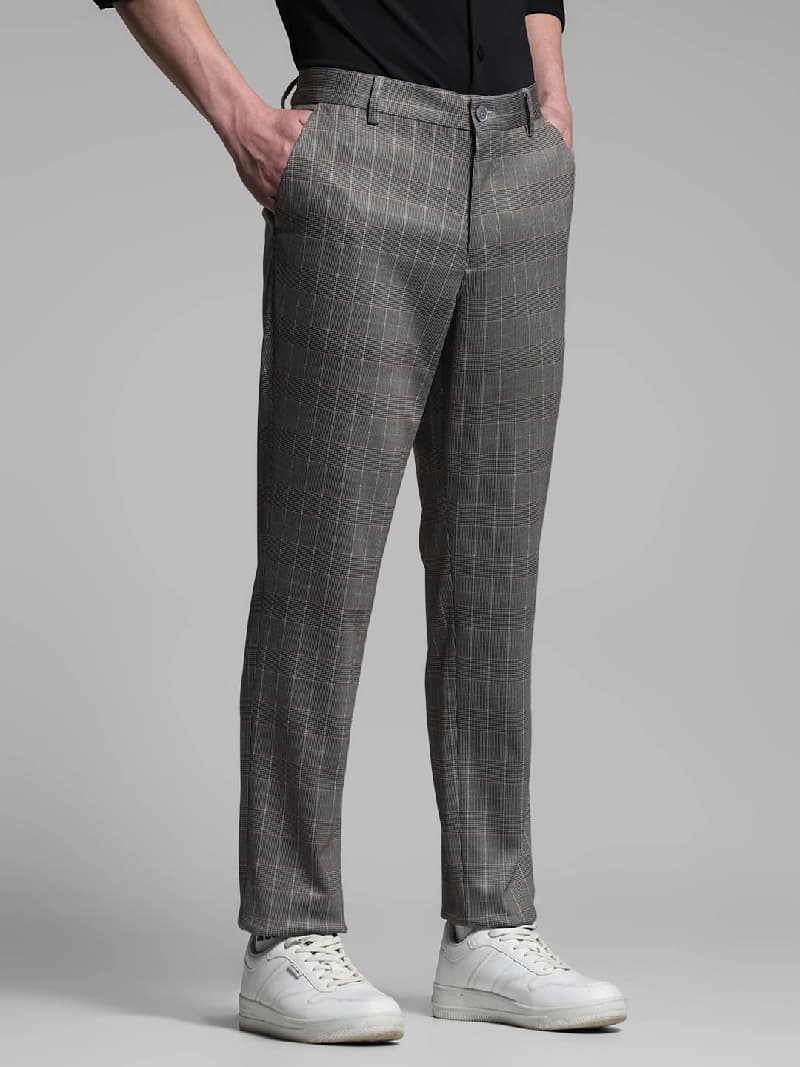 Men's Grey Work Slim Fit Checked Chinos