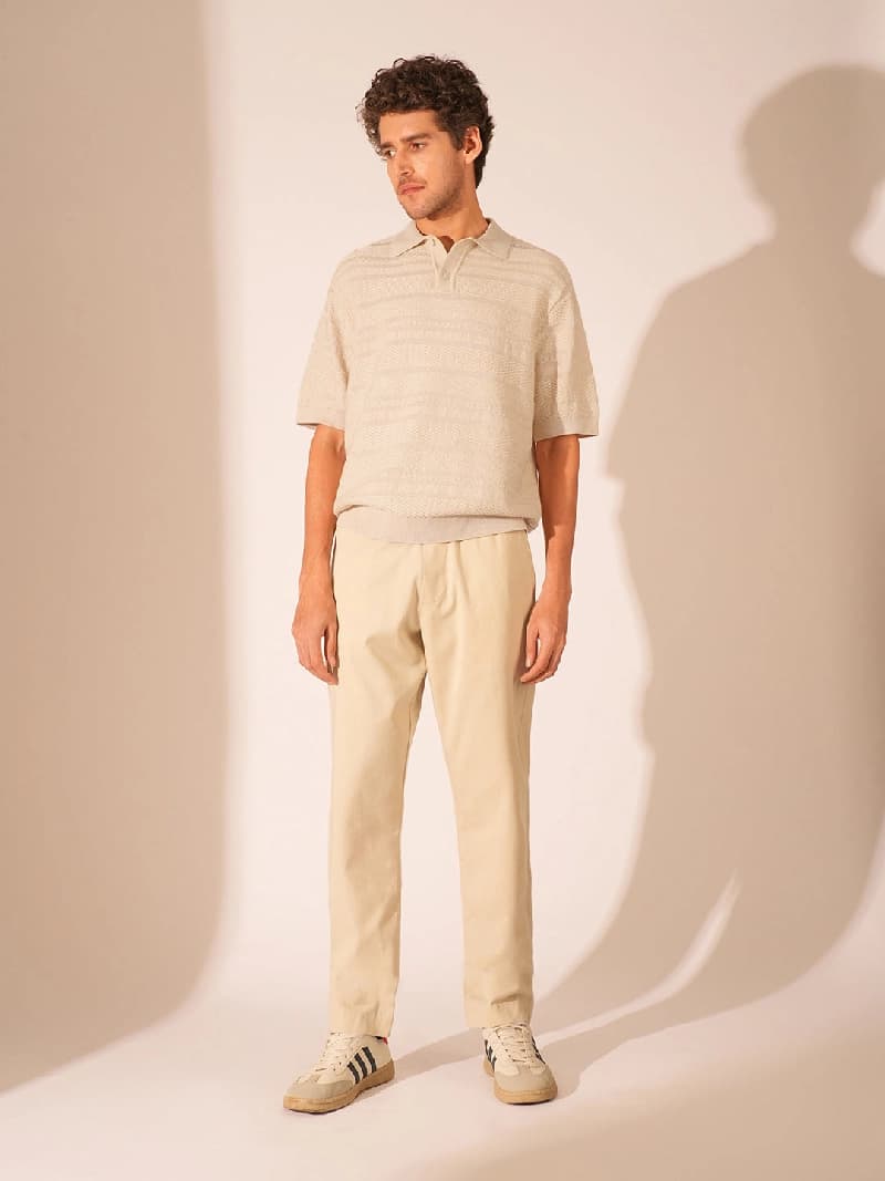 Men's Beige Casual Straight Fit Solid Trousers