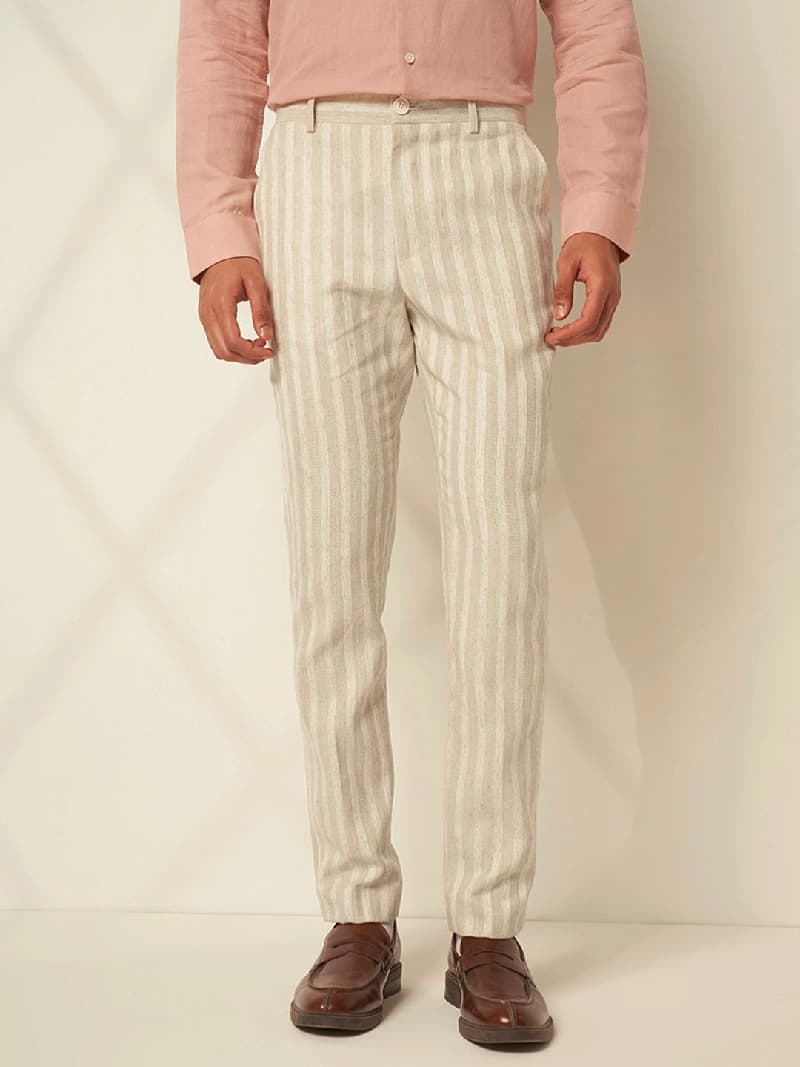 Men's Beige Casual Straight Fit Stripes Trousers