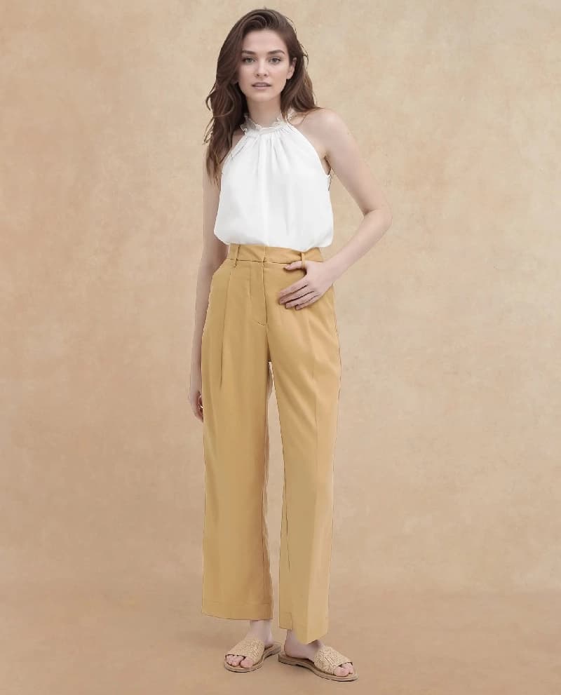 Women's Beige Casual Solid Straight Fit Trouser