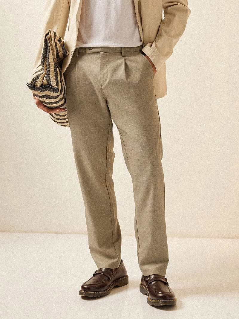 Men's Beige Formal Solid Straight Fit Trouser