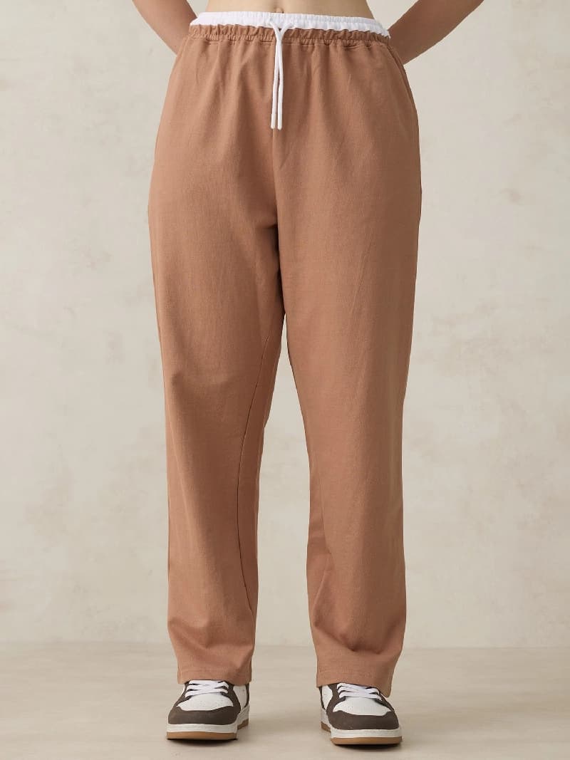 Women's Brown Casual Solid Wide Leg Trackpant