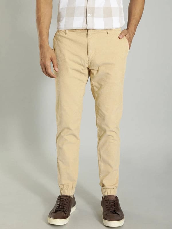 Men's Beige Casual Printed Tapered Fit Trouser