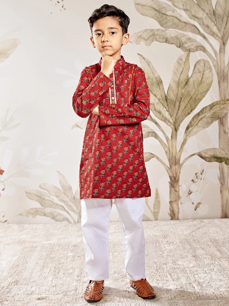 Boys Red Cotton Floral Printed Pintuck Kurta with White Pyjama Set