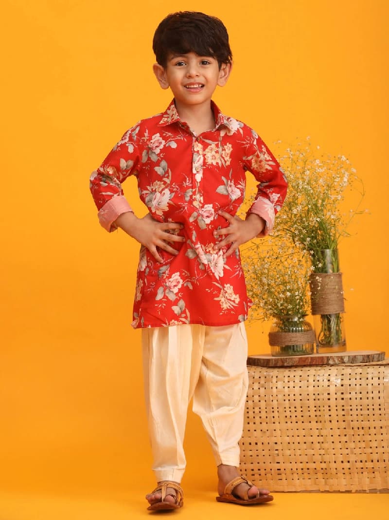 Boys Red Muslin Vibrant Floral Kurta with Patiala Set