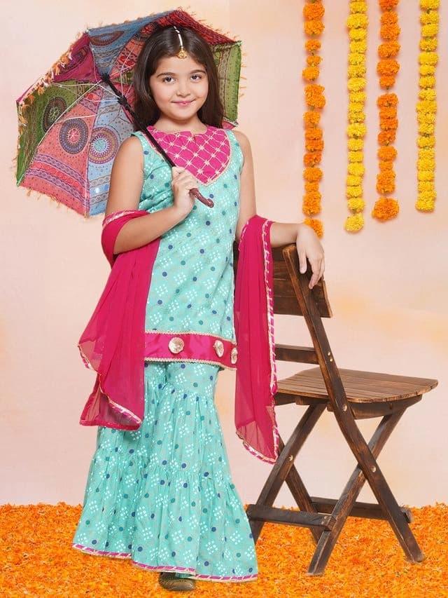 Girls Green Ethnic Printed Sleeveless Kurta and Sharara With Dupatta