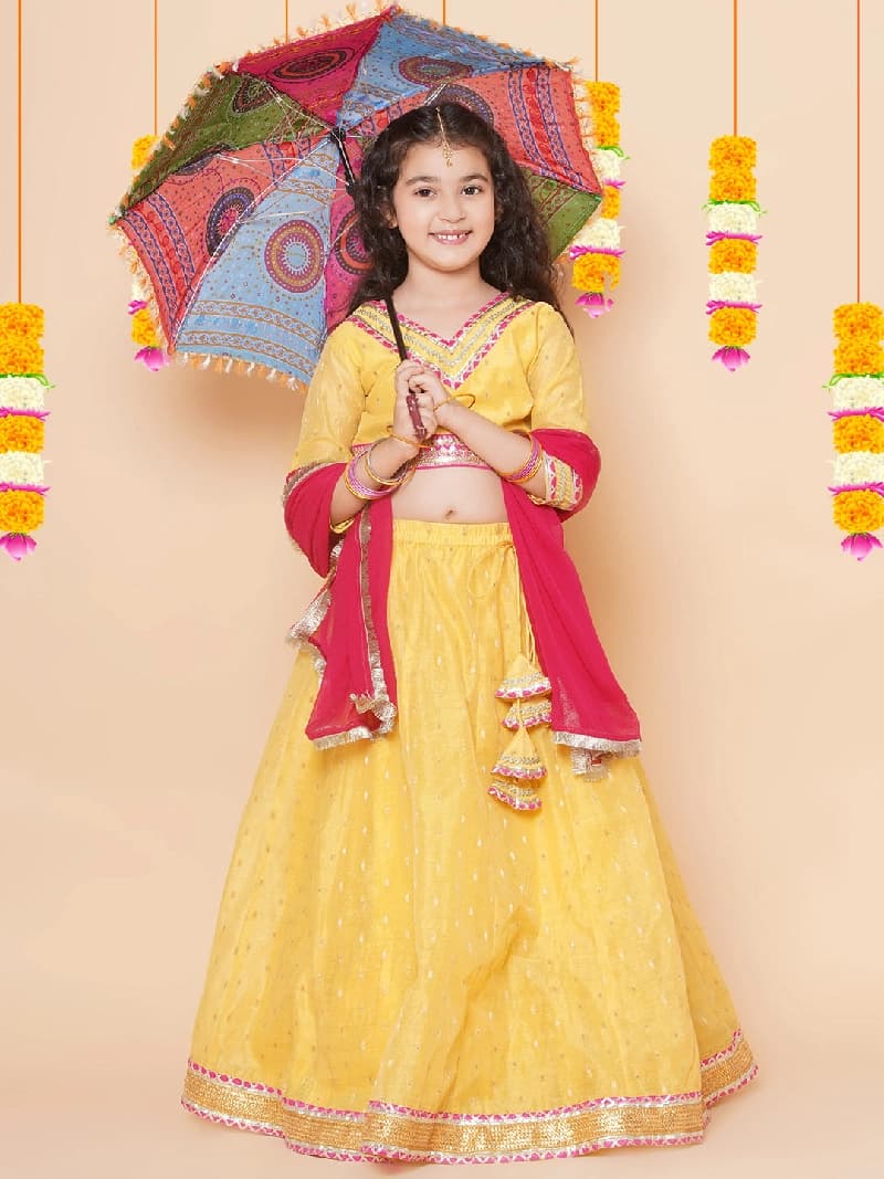 Girls Yellow Jacquard Booti Lehenga Choli Ready to Wear with Pink Dupatta