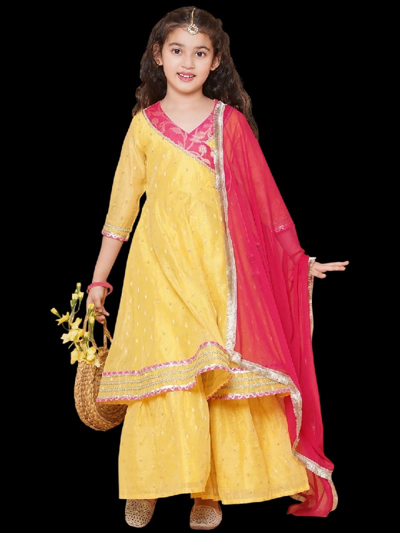 Girls Yellow Angrakha Gotta Patti Kurta with Sharara & Dupatta