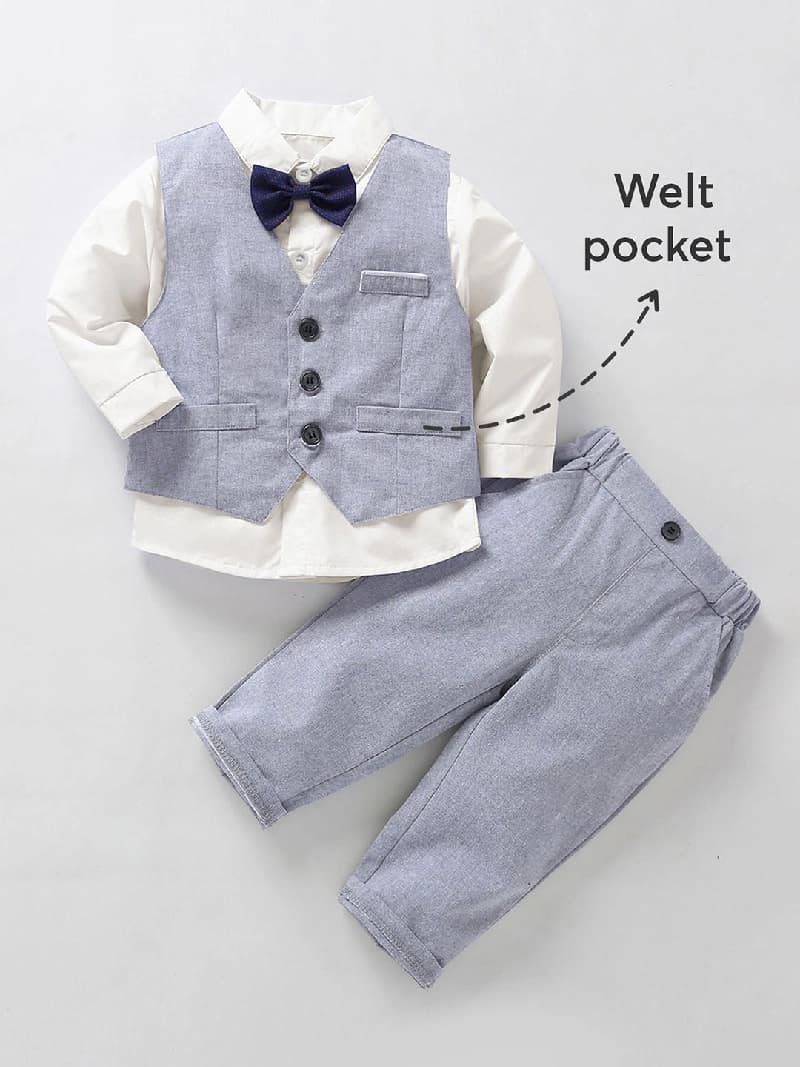 Boys White Party Full Sleeves Waistcoat Ensemble Pant - Set of 3