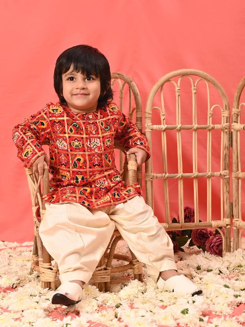 Boys Red Festive Printed Full Sleeves Kurta with Patiala