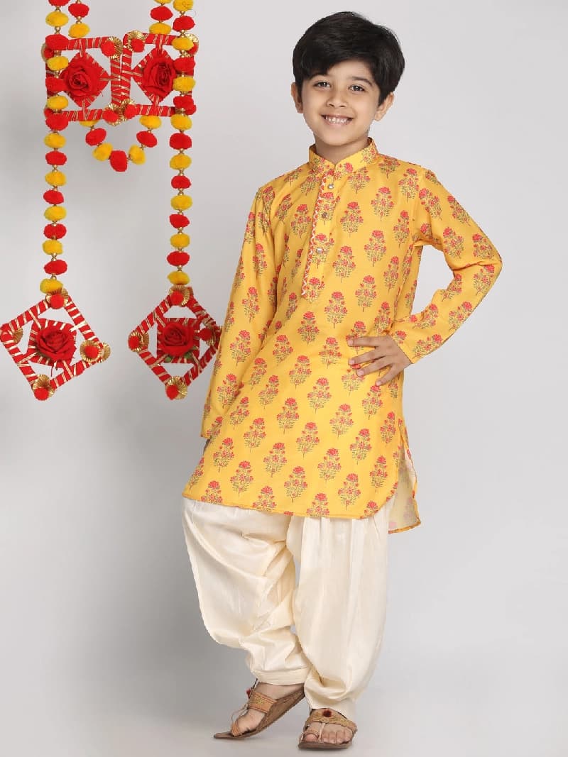 Boys Yellow Festive Printed Full Sleeves Kurta with Patiala