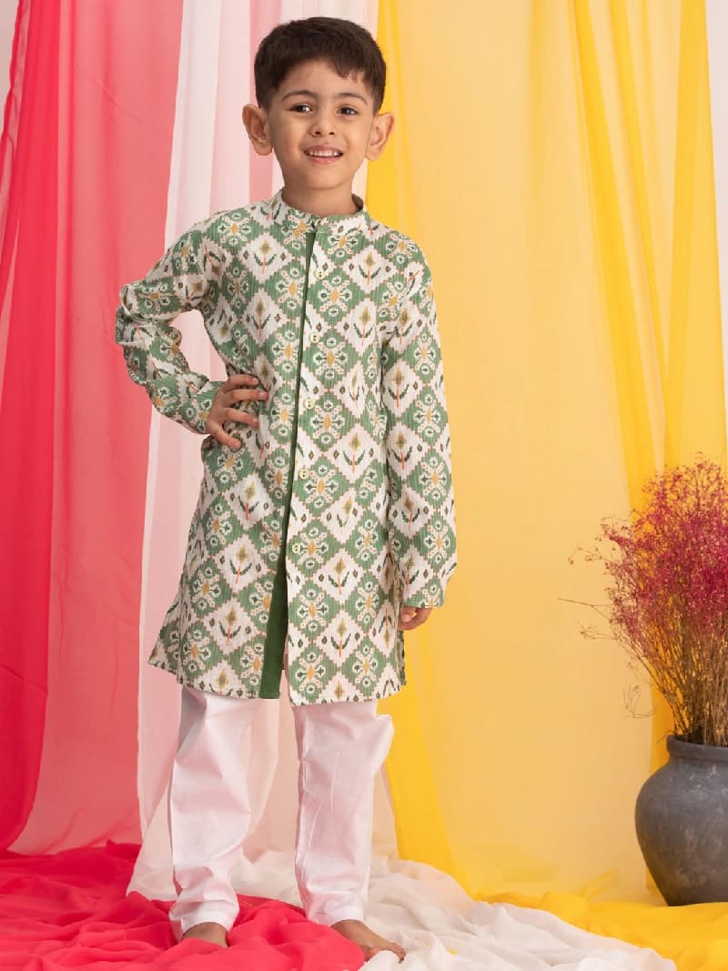 Boys Green Festive Printed Full Sleeves Kurta with Pyjama